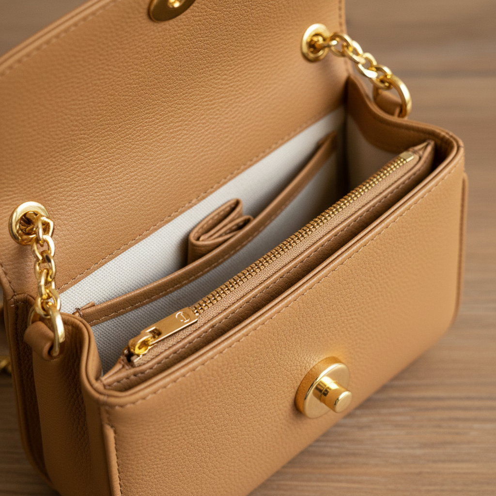 Dettaglio interno ed hardware dorato borsa crossbody