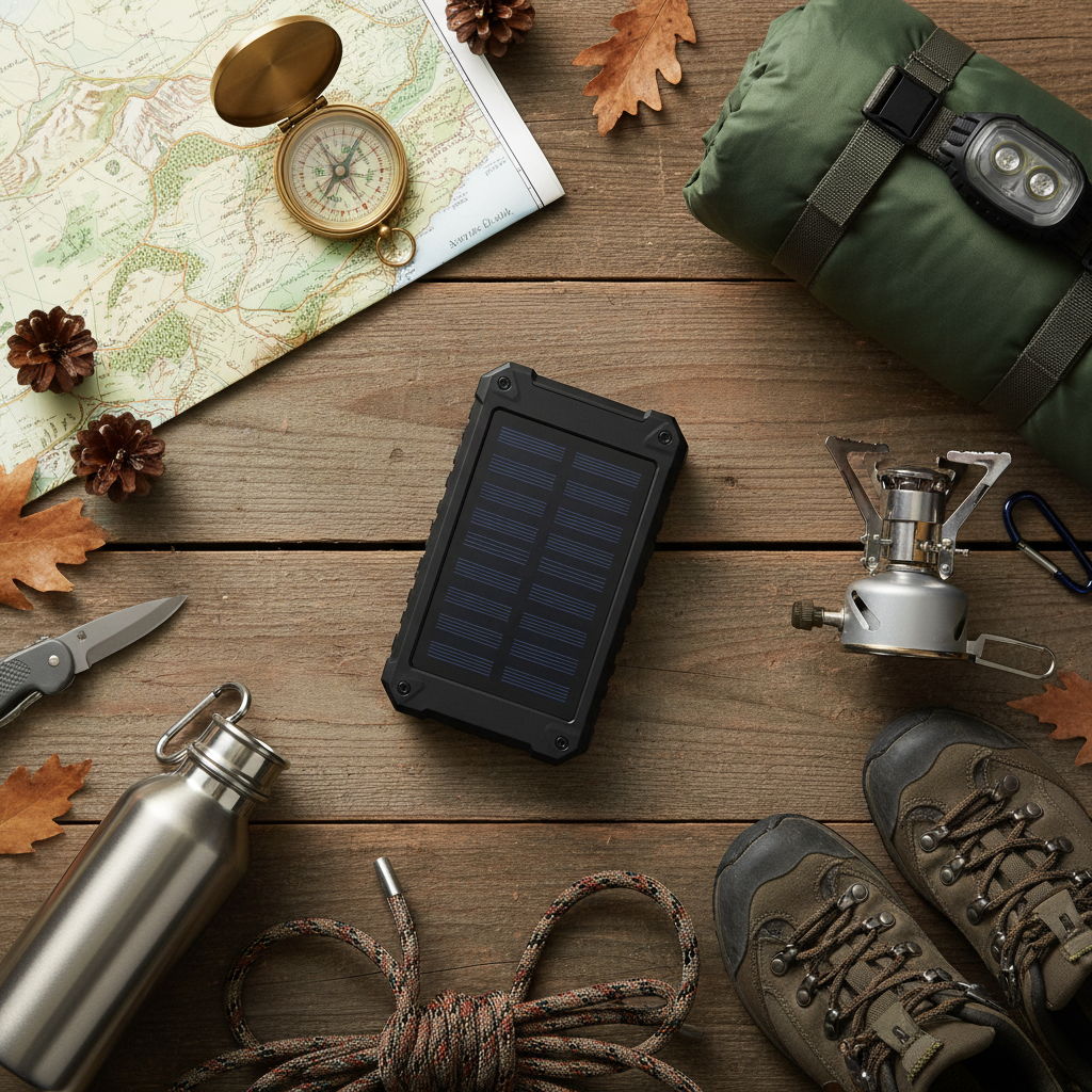 Flat lay powerbank con attrezzatura da campeggio