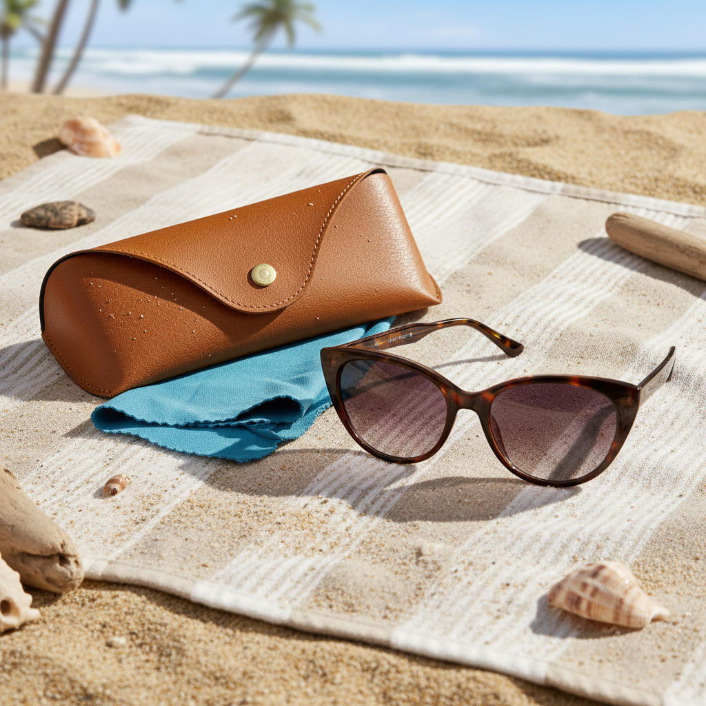 Flat lay occhiali cat-eye con custodia in ecopelle su asciugamano da spiaggia