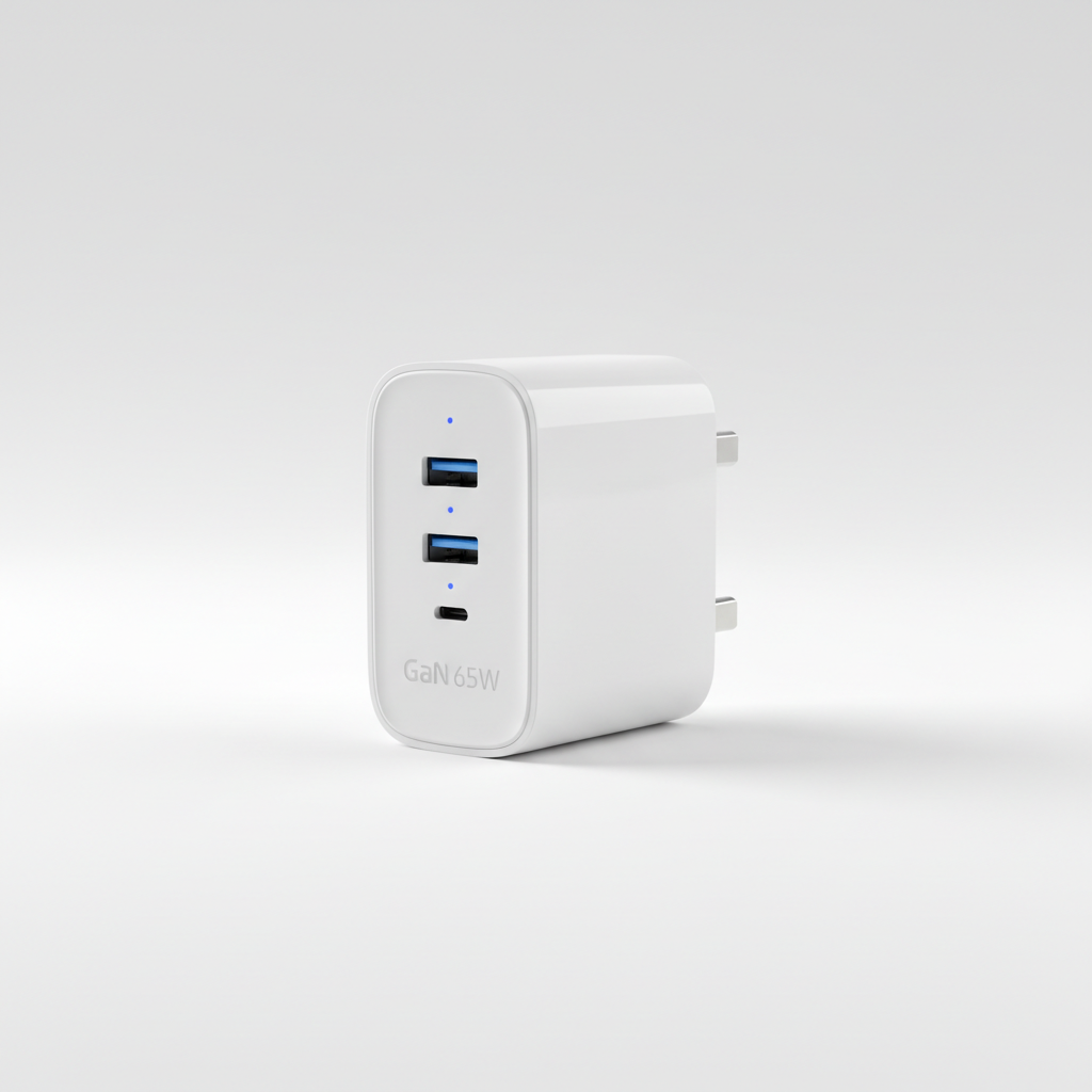 Caricabatterie GaN 65W compatto su sfondo bianco