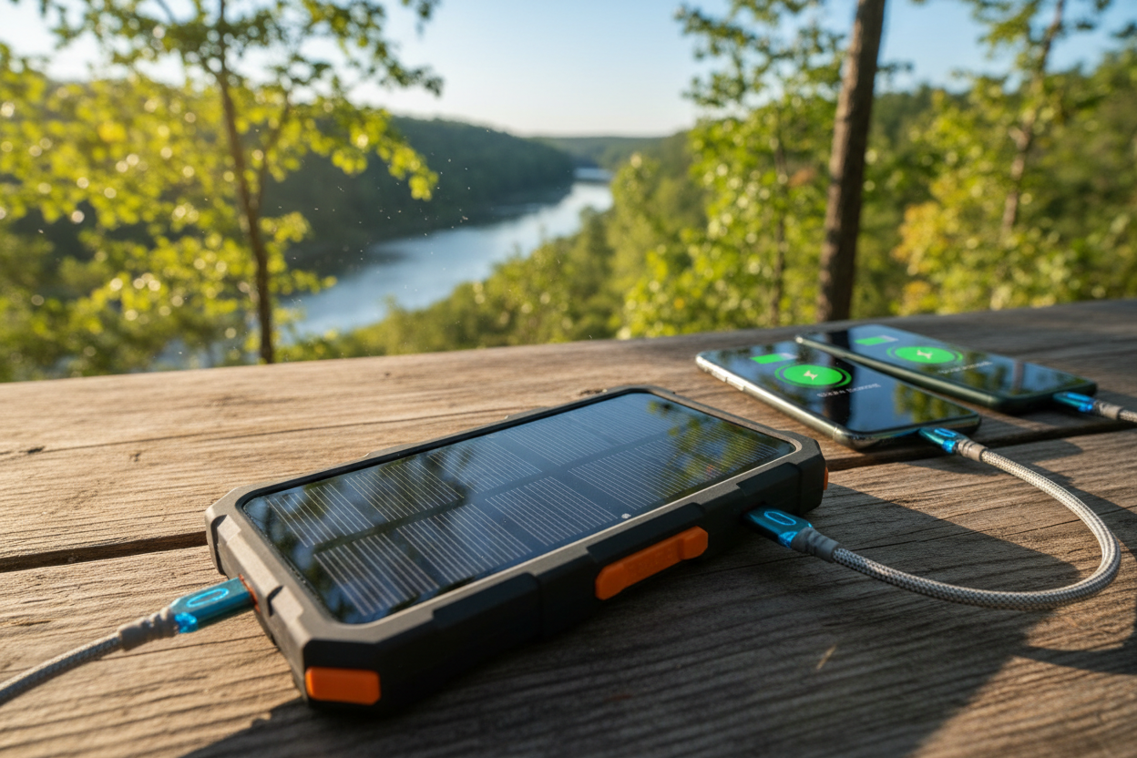 Powerbank solare che ricarica due smartphone all'aperto