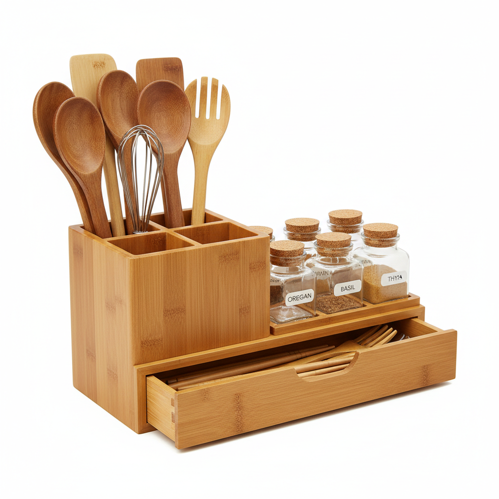 Organizer da cucina in bambù su sfondo bianco