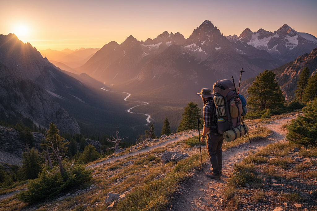 Escursionista con zaino in montagna al tramonto