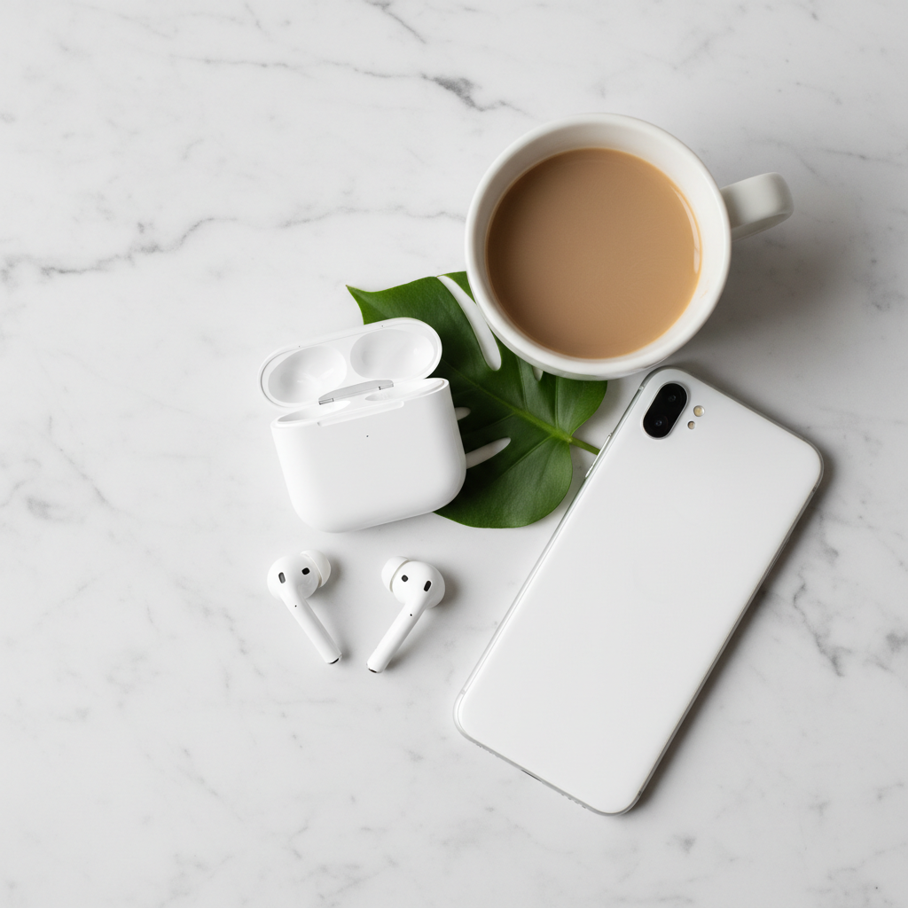 Flat lay auricolari con custodia su marmo