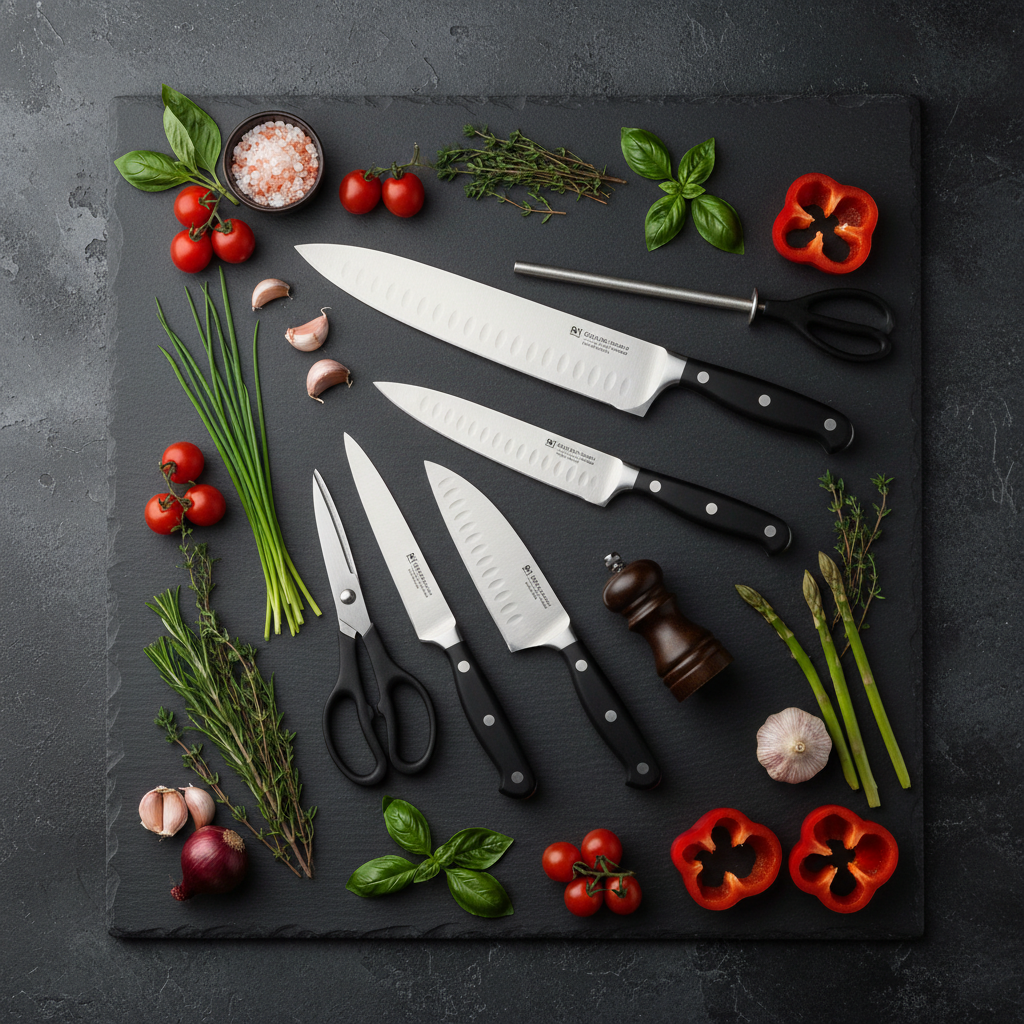 Flat lay set coltelli su ardesia con erbe e verdure