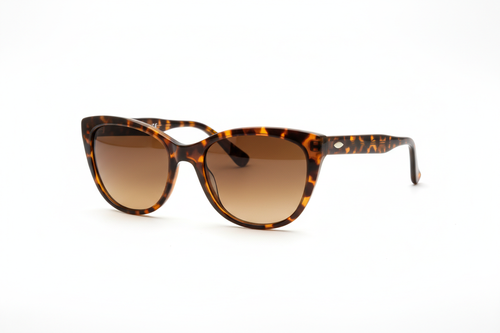 Occhiali da sole cat-eye tartarugati su sfondo bianco