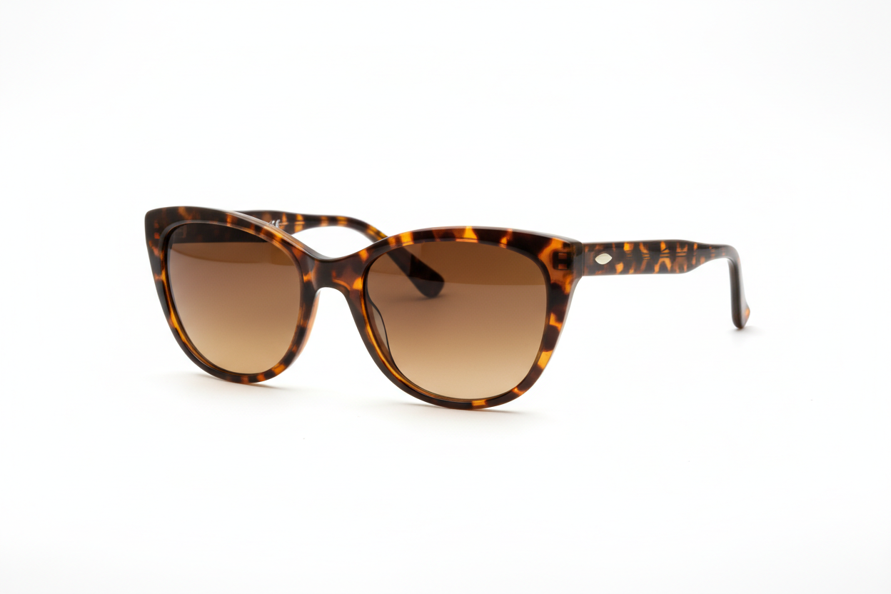 Occhiali da sole cat-eye tartarugati su sfondo bianco