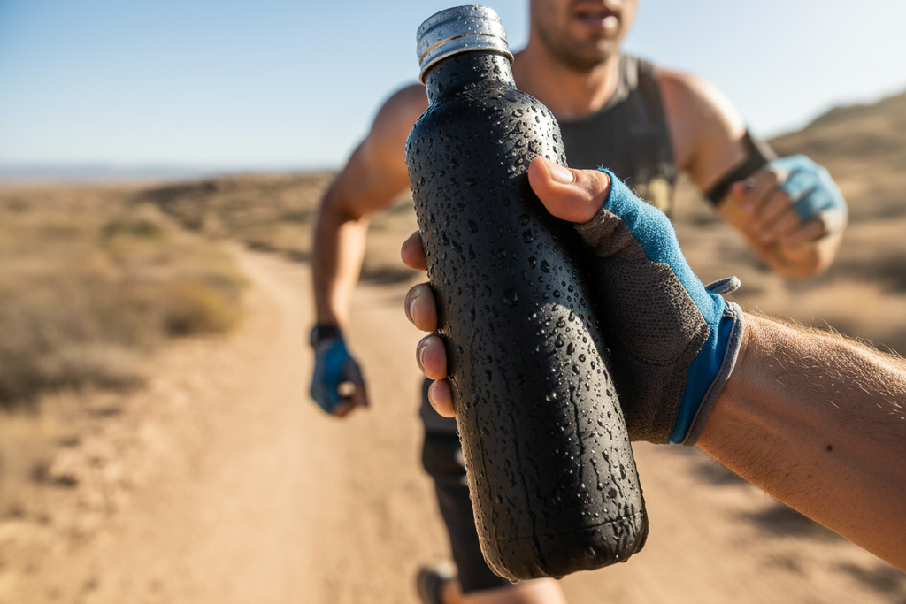 Atleta con borraccia termica durante trail running