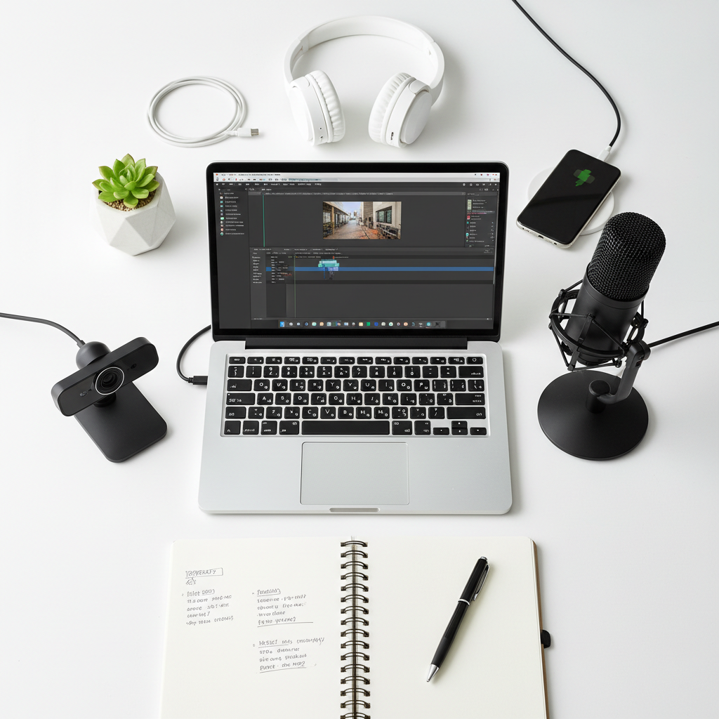 Setup creator con webcam, laptop e microfono