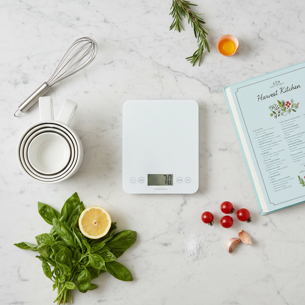 Flat lay bilancia con tazze dosatori e ingredienti su marmo