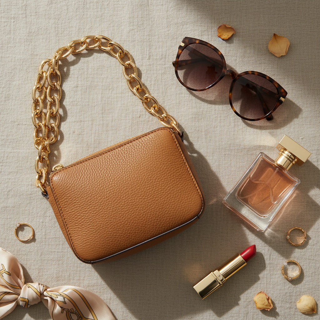 Flat lay borsa camel con occhiali e accessori moda