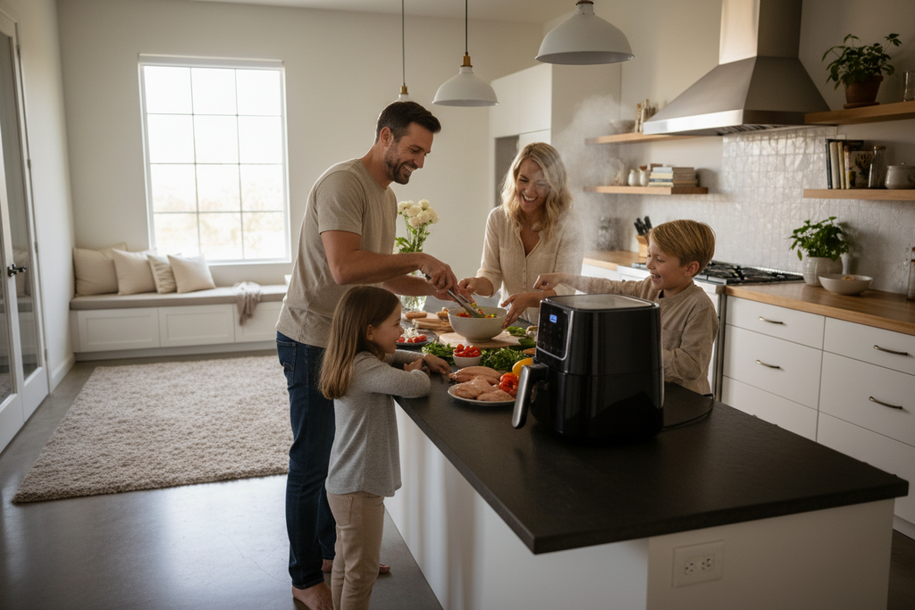 Famiglia in cucina moderna che usa la friggitrice ad aria