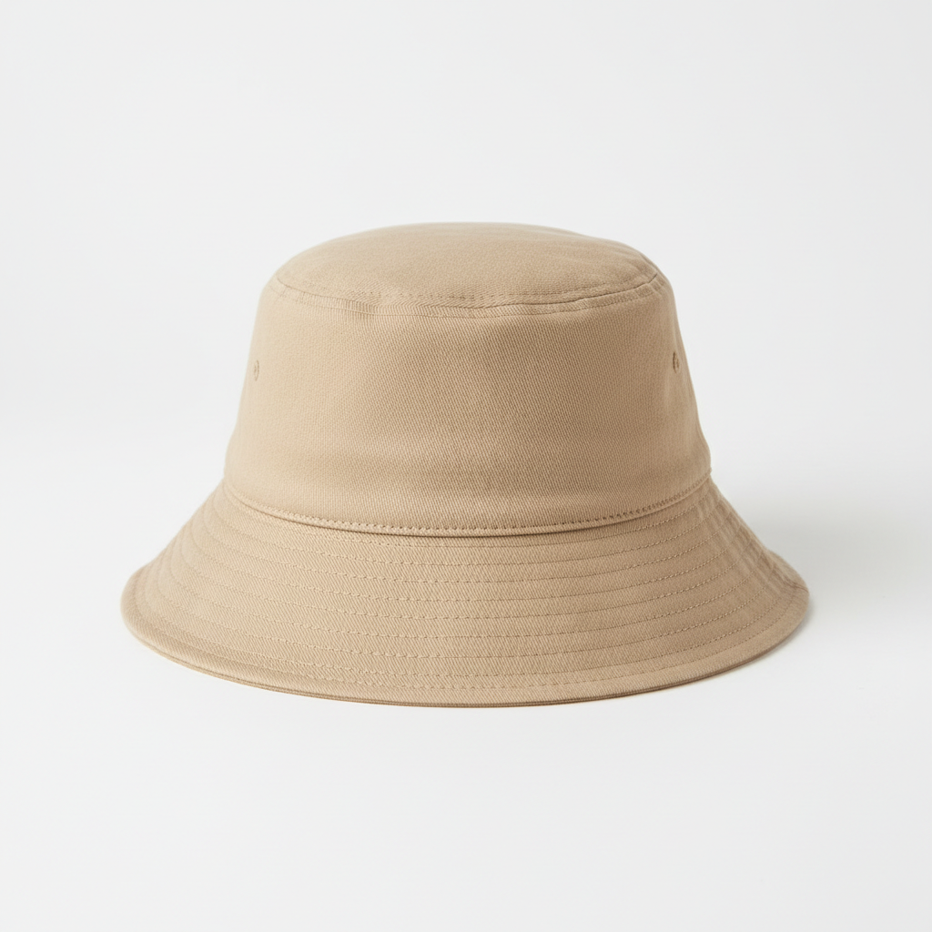 Cappello bucket hat beige su sfondo bianco