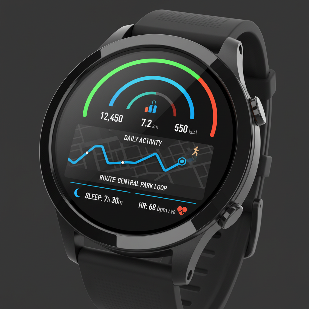 Dettaglio schermo smartwatch con statistiche fitness