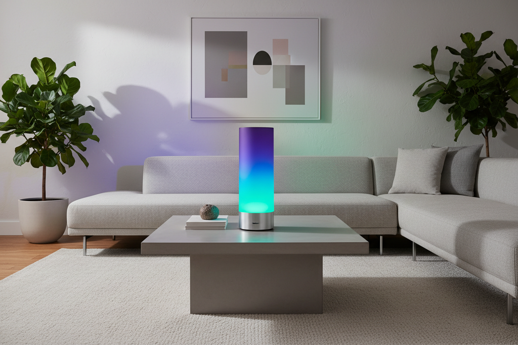 Lampada RGB con colori viola, blu e verde in soggiorno moderno