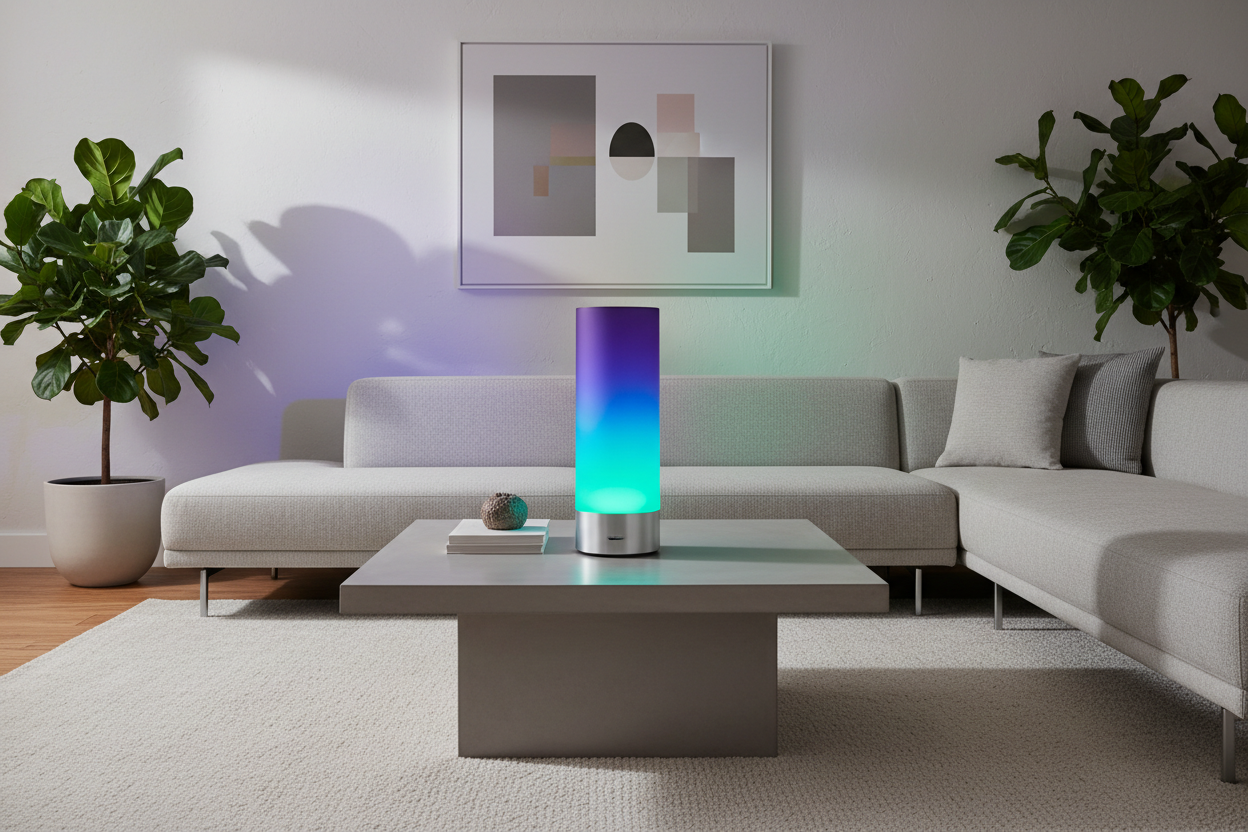 Lampada RGB con colori viola, blu e verde in soggiorno moderno