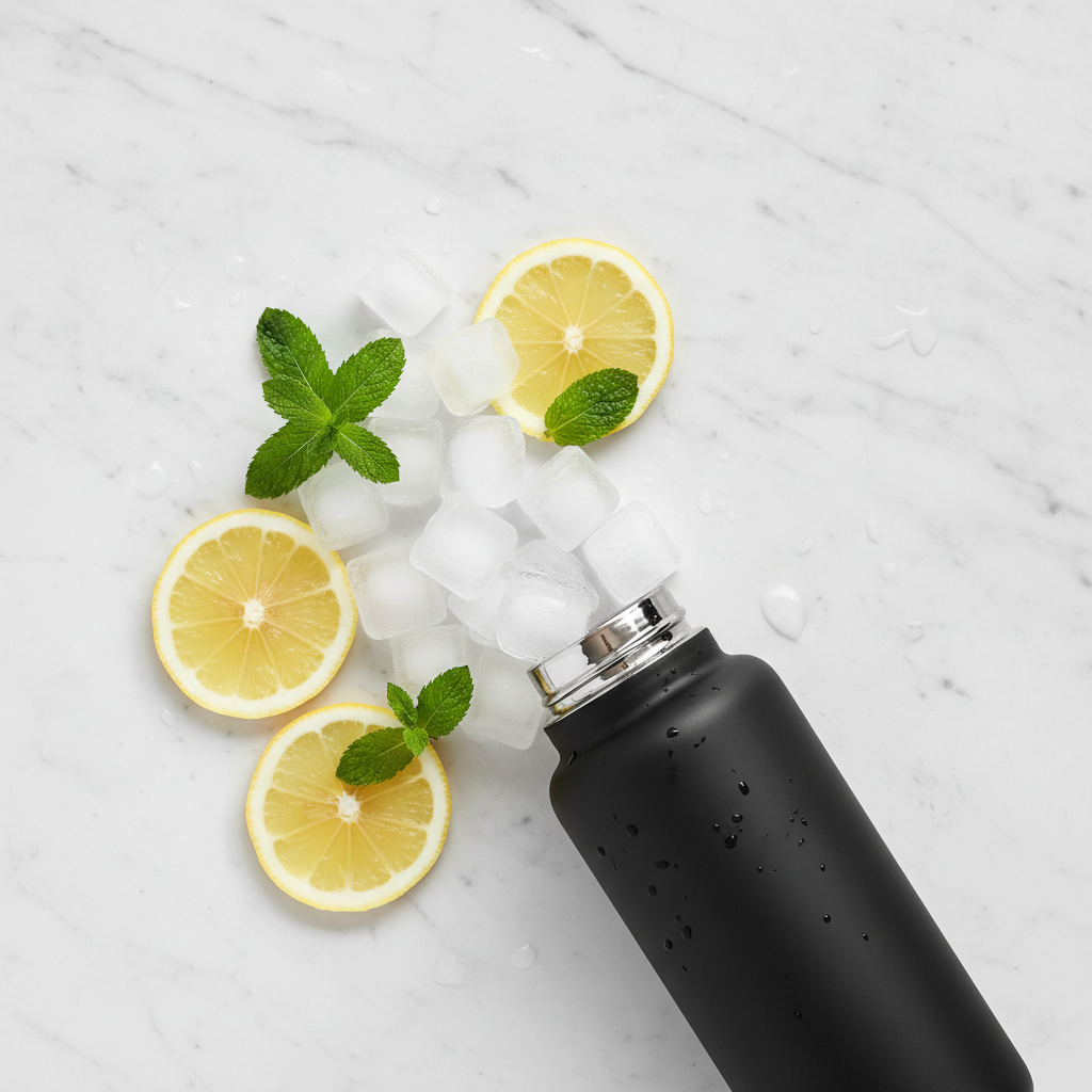 Flat lay borraccia con ghiaccio e limone su marmo