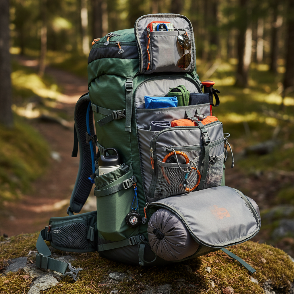 Dettaglio tasche e cinghie regolabili dello zaino da trekking