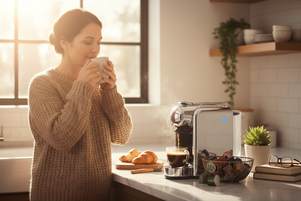 Persona con caffè mattutino dalla macchina a capsule