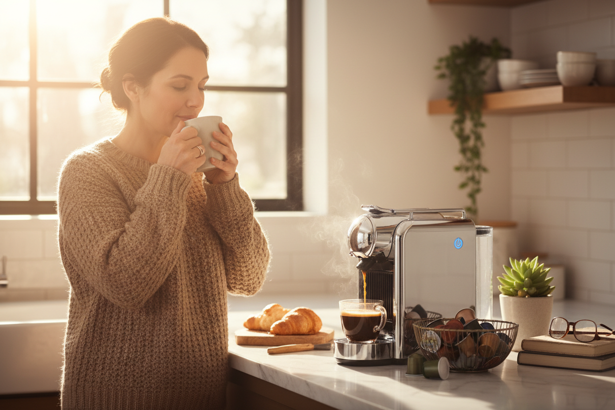 Persona con caffè mattutino dalla macchina a capsule