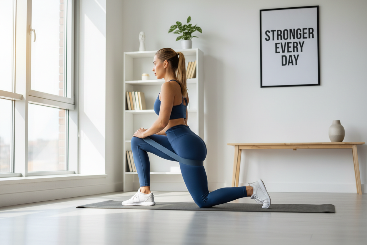 Donna che usa fascia elastica per esercizi glutei a casa