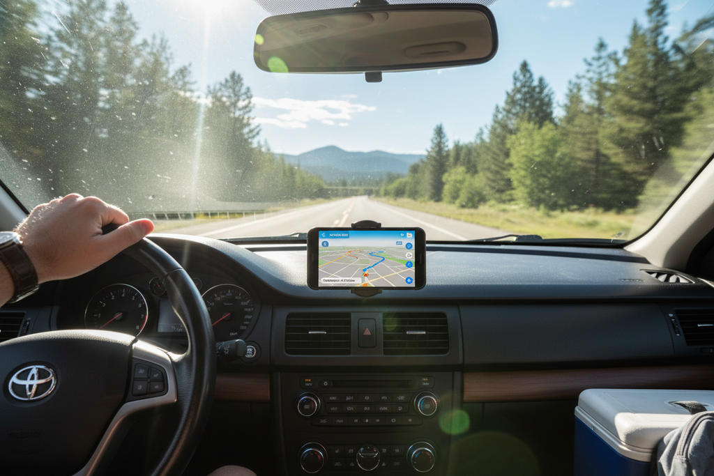 Navigatore GPS sul supporto magnetico durante guida
