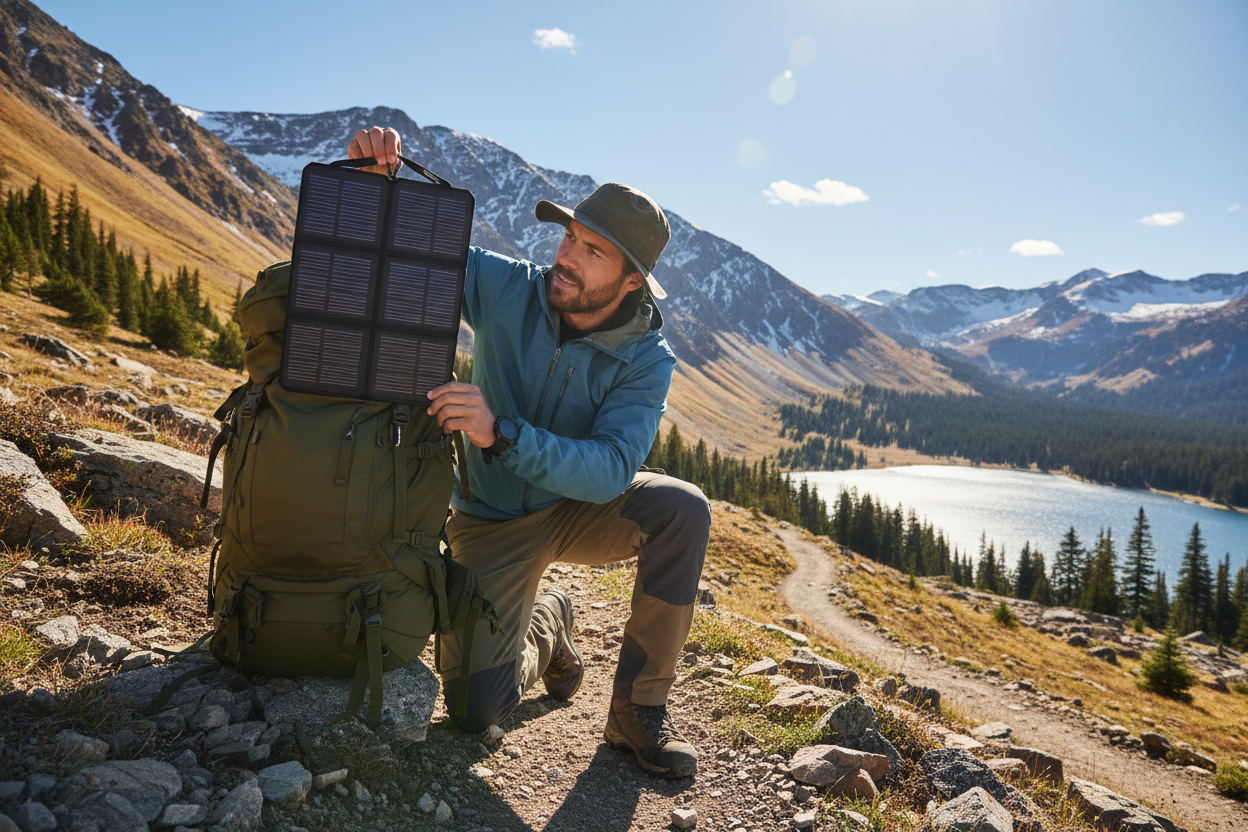 Escursionista con powerbank solare agganciato allo zaino