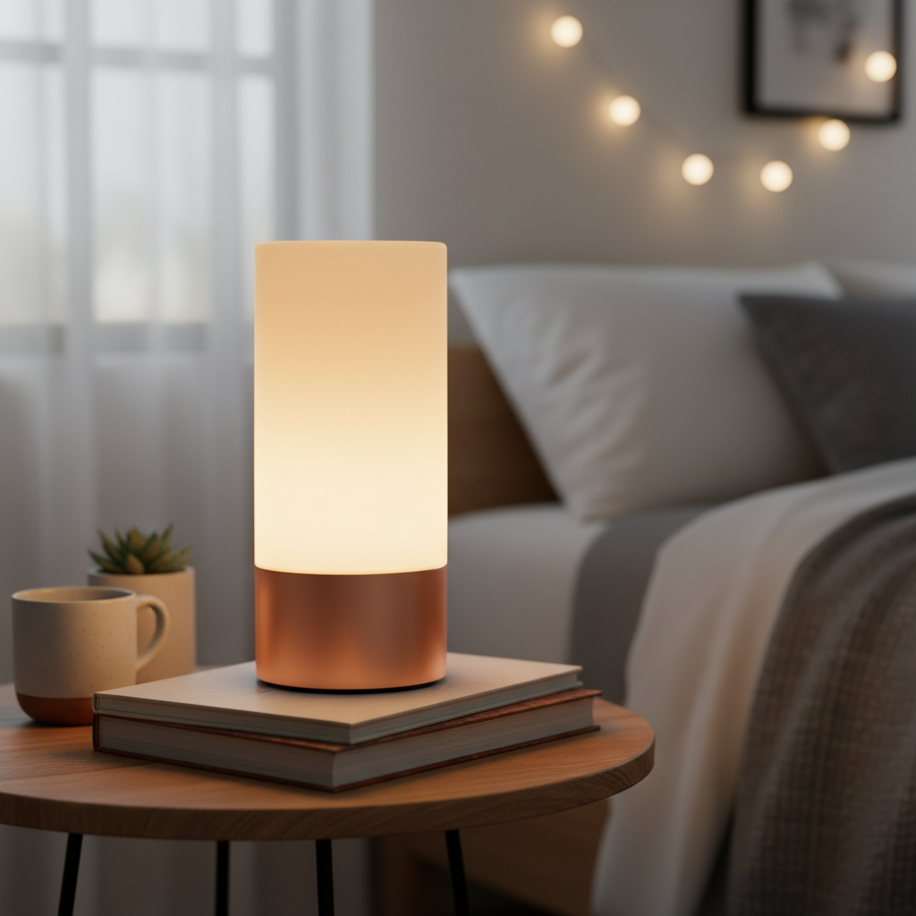 Lampada LED con luce ambra calda sul comodino