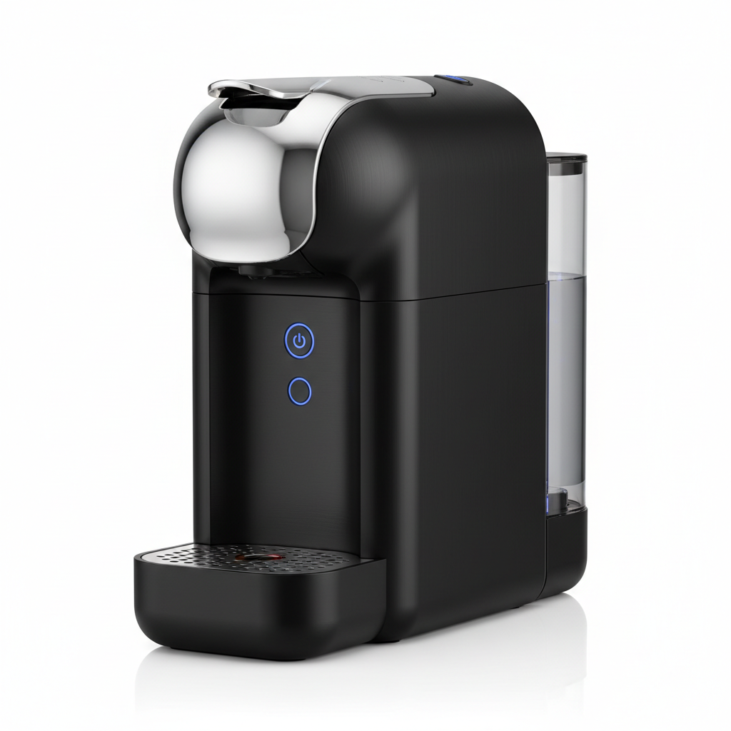 Macchina caffè a capsule nera e argento su sfondo bianco