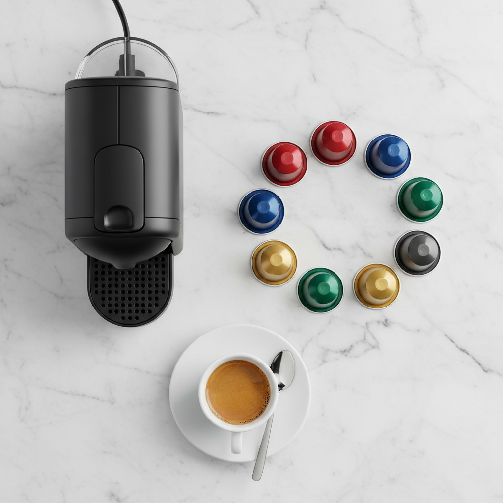 Flat lay macchina caffè con capsule e tazzina su marmo