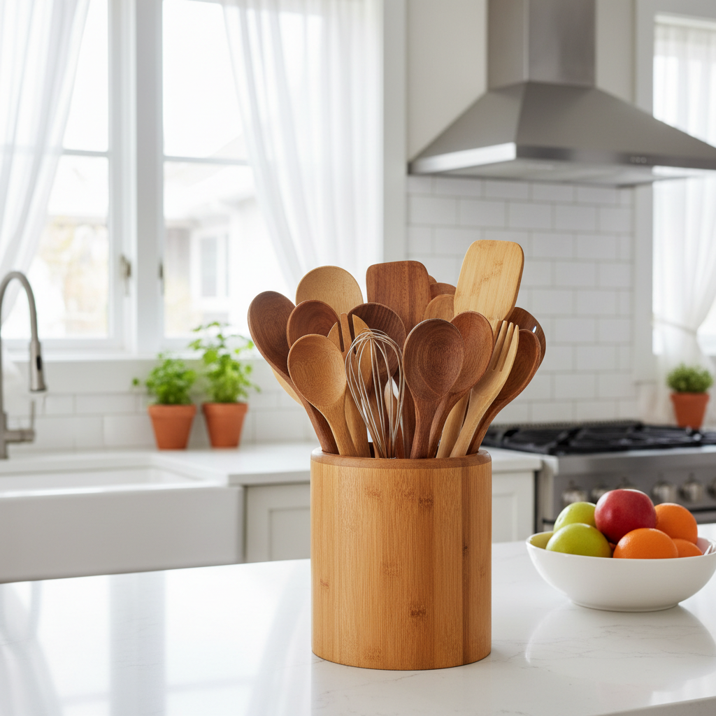 Organizer bambù con utensili da cucina sul bancone