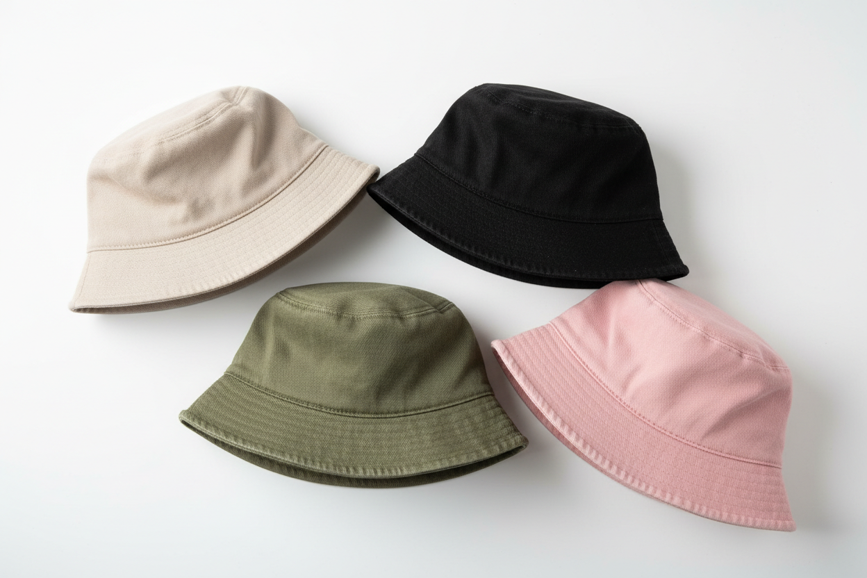 Varianti di colore bucket hat: beige, nero, verde, rosa
