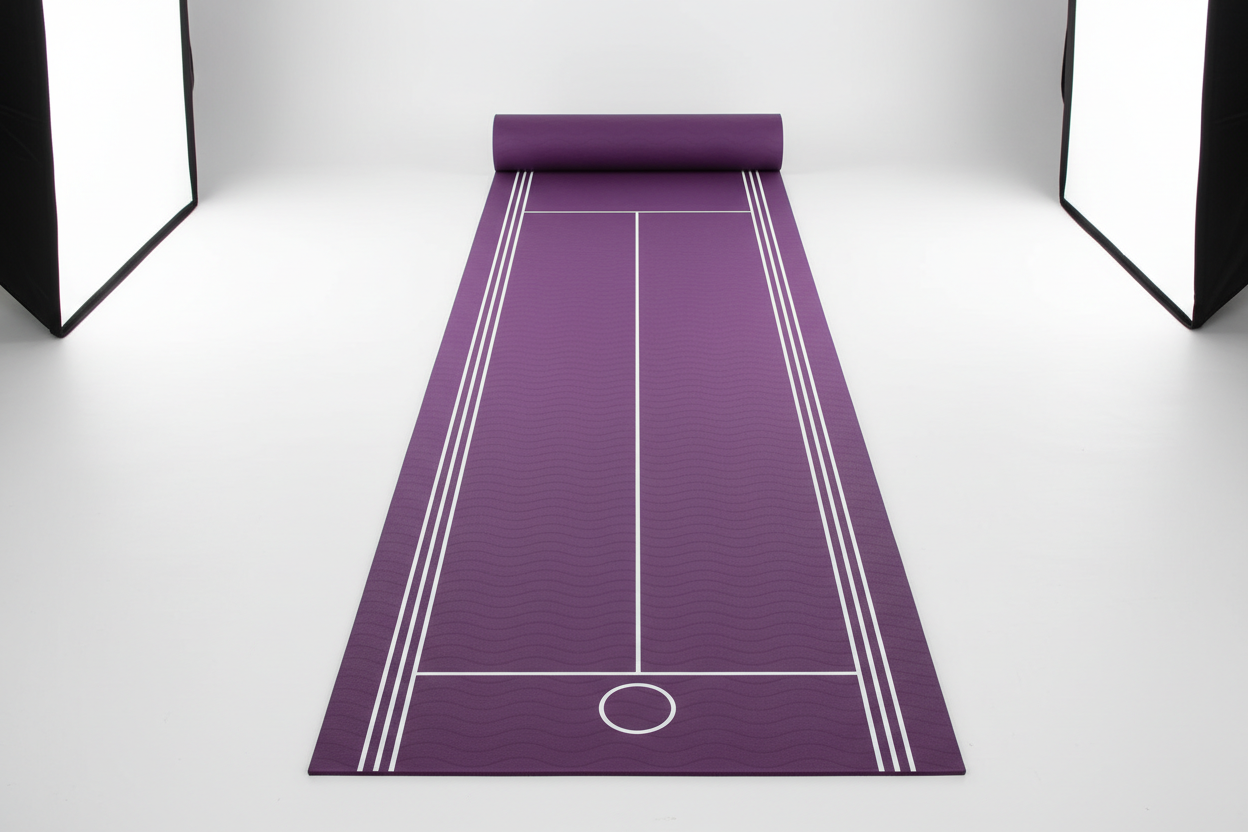 Tappetino yoga antiscivolo viola steso su sfondo bianco