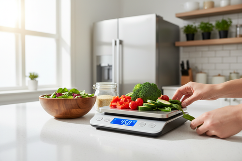 Bilancia digitale che pesa verdure fresche in cucina