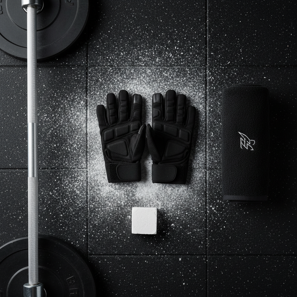 Flat lay guanti palestra con bilanciere e asciugamano su pavimento palestra