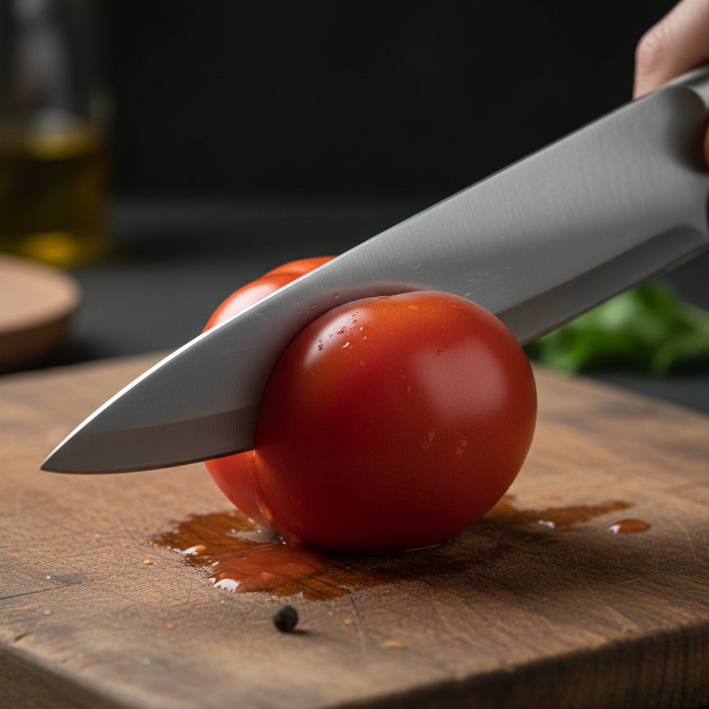 Lama coltello chef che taglia un pomodoro su tagliere
