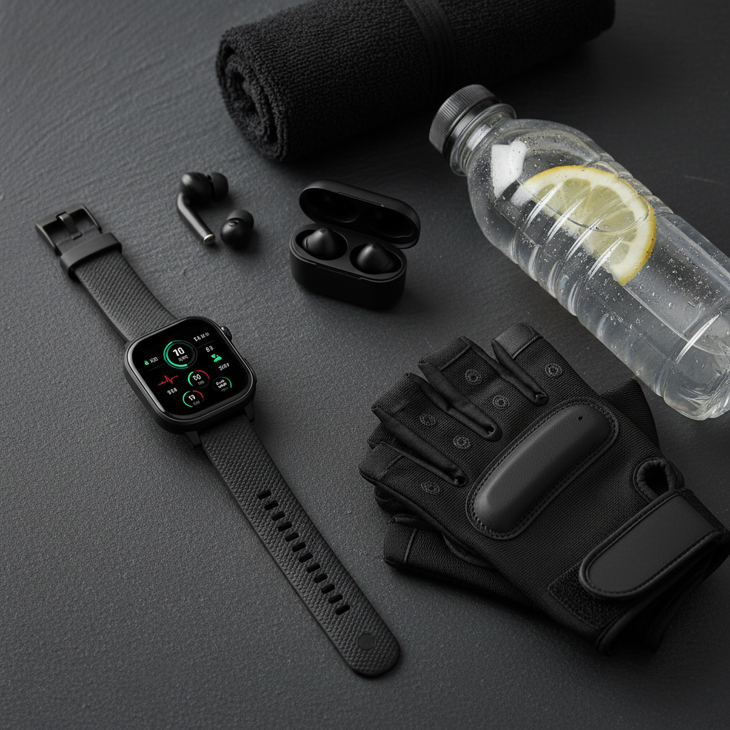 Flat lay smartwatch con accessori sportivi