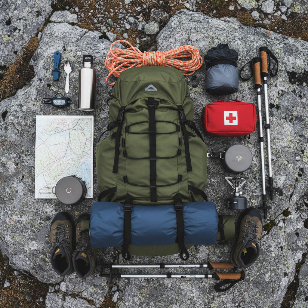 Flat lay zaino con accessori da campeggio su roccia