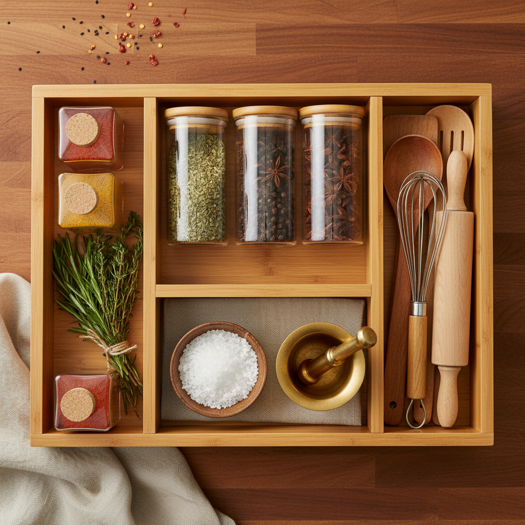 Flat lay organizer con spezie e utensili cucina