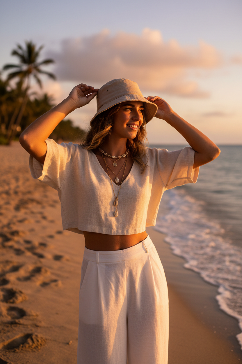 Ragazza con bucket hat beige in spiaggia al tramonto
