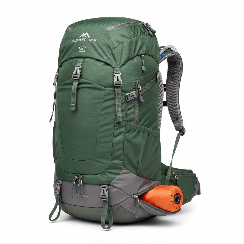 Zaino da trekking 40L verde e grigio su sfondo bianco